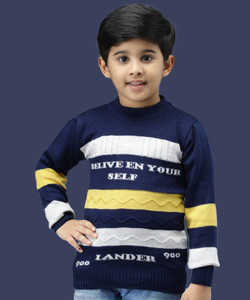 chiccloset striped self design round neck casual boys dark blue sweater