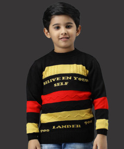 chiccloset striped self design round neck casual boys black sweater