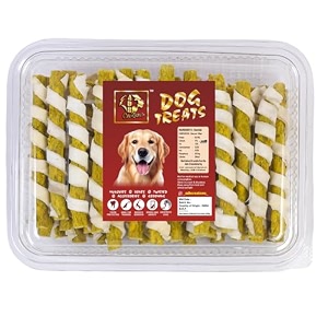 adb creations chicken flavour spiral rawhide chew sticks high-protein dental treats long-lasting chew for all breeds and life stages yellow 3kg pack