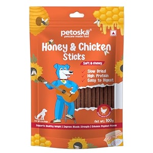 petoska chicken honey sticks- 100gms  crunchy dog treats  made with natural honey amp chicken  highly nutritious  easy to digest  enhances physical health  suitable for all dog breeds  pack of 1