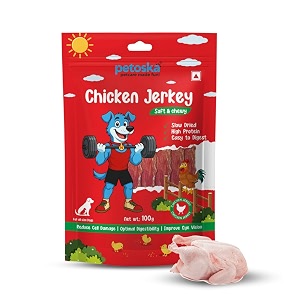 petoska chicken jerky- 100gms  dog treats made with real chicken meat  highly nutritious  easy to digest  improved eye vision  suitable for all dog breeds  pack of 1