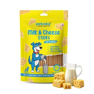 petoska chicken sticks- 100gms  dog treats made with milk amp cheese  highly nutritious  easy to digest  healthy bone amp muscle  suitable for all dog breeds  pack of 1