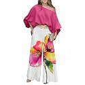 CHICME Women 2 Piece Summer Outfit Off Shoulder Flowy Wide Leg Pants Set