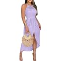 CHICME Womens Summer Halter Ruched Bodycon Long Dresses