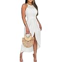 CHICME Womens Summer Halter Ruched Bodycon Long Dresses