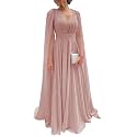 Chiffon Bridesmaid Dress for Women Cape Sleeve V-Neck Formal Evening Gowns with Pocket LBC020