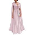 Chiffon Bridesmaid Dress for Women Cape Sleeve V-Neck Formal Evening Gowns with Pocket LBC020