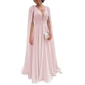 Chiffon Bridesmaid Dress for Women Cape Sleeve V-Neck Formal Evening Gowns with Pocket LBC020
