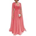 Chiffon Bridesmaid Dress for Women Cape Sleeve V-Neck Formal Evening Gowns with Pocket LBC020