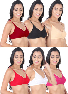 chileelife pack of 6 women everyday non padded bra black maroon red white beige pink