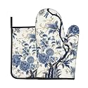 Chinoiserie Style Oven Mitts and Pot Holders Sets Blue Peonies Flowers Oven Gloves Heat Resistant Vintage Floral Birds Trees Kitchen Mitts Hot Pads Two Piece Set for Cooking Baking Grilling BBQ