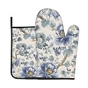 Chinoiserie Style Oven Mitts and Pot Holders Sets Blue Floral Trees Oven Mitts Heat Resistant Vintage Flowers Kitchen Gloves Hot Pads Two Piece Set for Cooking Baking Grilling BBQ