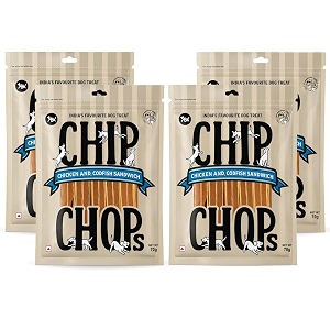 chip chops chicken amp codfish sandwich dog treats - 70g pack of 4 healthy tasty high-protein snacks for training amp rewards  suitable for all breeds  sold by foodie puppies with free keyring