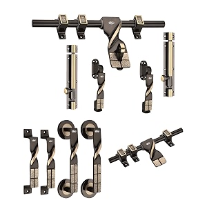 chitra taojin series brass heavy double door fitting accessories full setkit 1 aldrop 1 latch 4 handles 2 tower bolt and 2 door stopper 12 inch two tone antique brass
