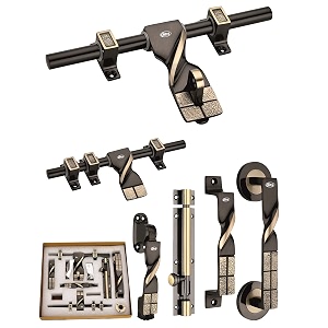 chitra taojin series brass heavy single door fitting accessories full setkit 1 aldrop 1 latch 2 handles 1 tower bolt and 1 door stopper 10 inch two tone antique brass
