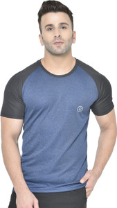 CHKOKKO Men Colorblock Round Neck Polyester Blue