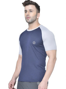 CHKOKKO Colorblock Men Round Neck Blue Grey