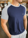 CHKOKKO Colorblock Men Round Neck Blue Grey