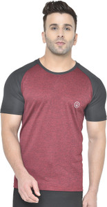 CHKOKKO Men Colorblock Round Neck Polyester Maroon