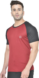 CHKOKKO Colorblock Men Round Neck Maroon Black