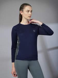 CHKOKKO Solid Women Round Neck Dark Blue