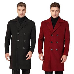 chkokko men winter wear solid double breasted long coat combo pack of 2 black maroon xl