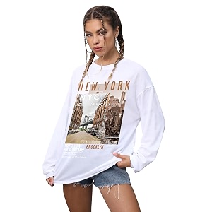 CHKOKKO Oversized Round Neck Drop Shoulder Printed