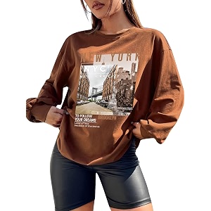 CHKOKKO Oversized Round Neck Drop Shoulder Printed