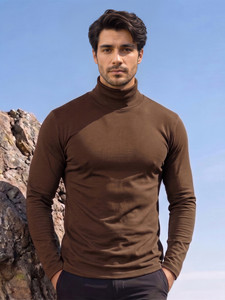 CHKOKKO Solid Men High Neck Brown T-Shirt