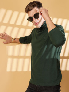 CHKOKKO Solid Men High Neck Green T-Shirt