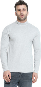 CHKOKKO Solid Men High Neck Grey T-Shirt