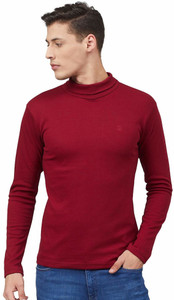 CHKOKKO Solid Men High Neck Maroon T-Shirt