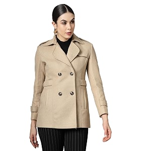 chkokko women elegant winter long coat double breasted  hip length design with notched lapel collar and practical front side pockets for sophisticated appeal