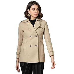 chkokko women elegant winter long coat double breasted  hip length design with notched lapel collar and practical front side pockets for sophisticated appeal