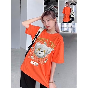 chkokko oversized round neck drop shoulder printed polyester half sleeves t-shirt for women