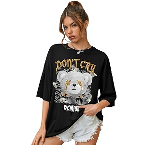chkokko oversized round neck drop shoulder printed cotton t-shirt for women