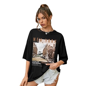 chkokko oversized round neck drop shoulder printed polyester half sleeves t-shirt for women