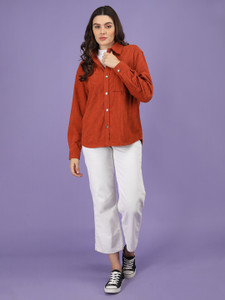chkokko women regular fit solid spread collar casual shirt