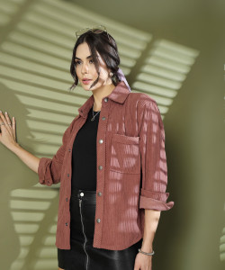 chkokko women regular fit solid spread collar casual shirt