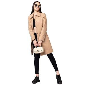 chkokko women classic winter long coat single breasted  knee length design with a sophisticated spread collar and practical front pockets for casual and semi formal wear