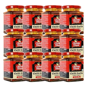 chokhi dhani chilli garlic chutney  spicy sauce  rajasthan ki lal mirchi lahsun ki chatni  pack of 12 280g each