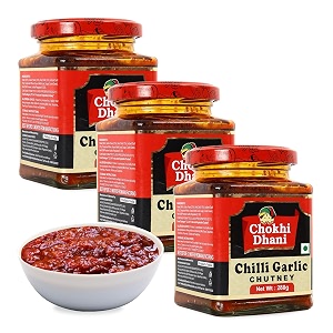 chokhi dhani chilli garlic chutney  spicy sauce  rajasthan ki lal mirchi lahsun ki chatni  pack of 3 280g each
