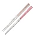 Epsilon 2Pairs Metal Chopstick 304 Stainless Steel Durable Chopsteaks for Noodels Sushi Thai Dinner Perfect Square Grip to Hold Food Perfectly Easy to Use Chop Stick for Home Restaurant Pink + Beige