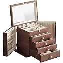 CHOSIN Black Walnut Wooden Jewelry Box for Women with Mirror, 5 Drawers and 2 Side Doors for Watches, Necklaces, Rings, Earrings Storage, Ideal Gift for Her