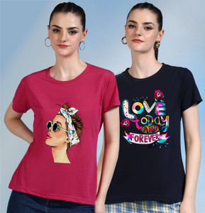chozi pack of 2 women printed round neck cotton blend pink dark blue t-shirt