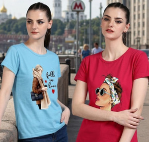 chozi printed women round neck pink light blue t-shirt