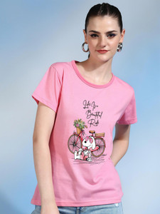 chozi printed women round neck pink t-shirt