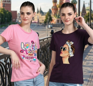 chozi printed women round neck purple pink t-shirt