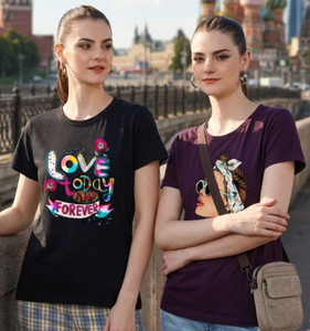 chozi printed women round neck purple dark blue t-shirt