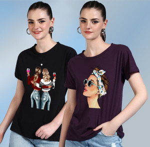 chozi printed women round neck purple black t-shirt